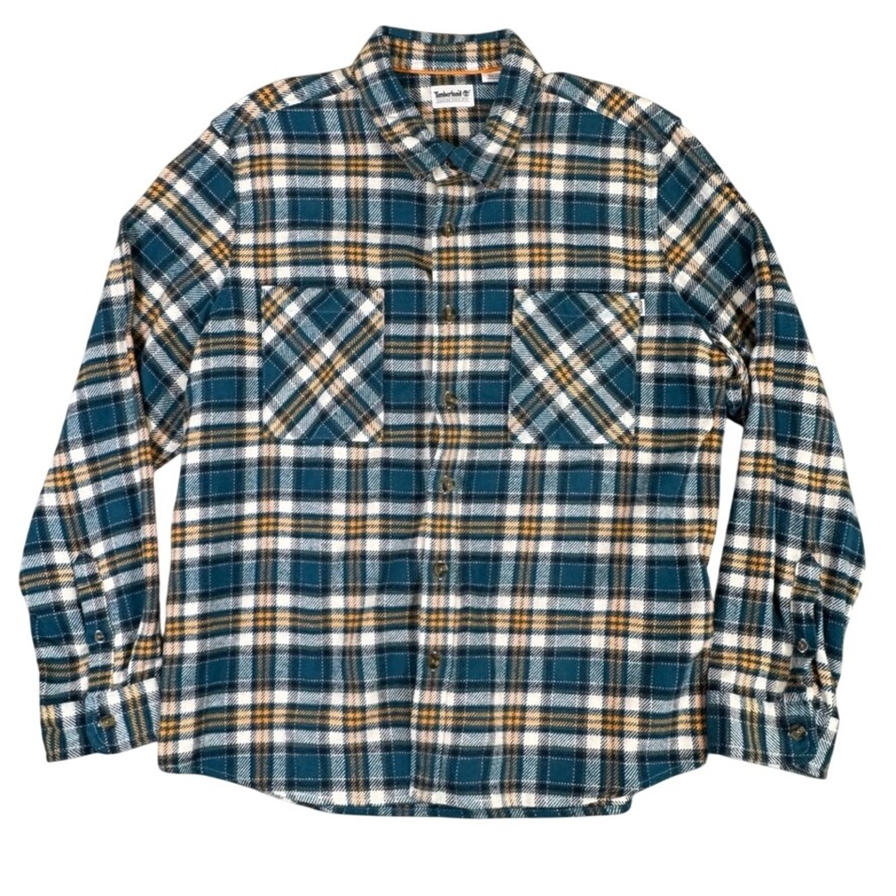 Timberland Mens XXL Heavy Plaid Flannel Button Down Shirt Teal Orange TB0A23EN